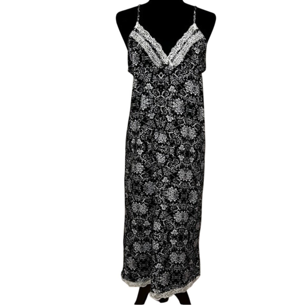 Studio Badgley Mischka Black White Floral Lace Trim Nightgown Sleep Dress Large